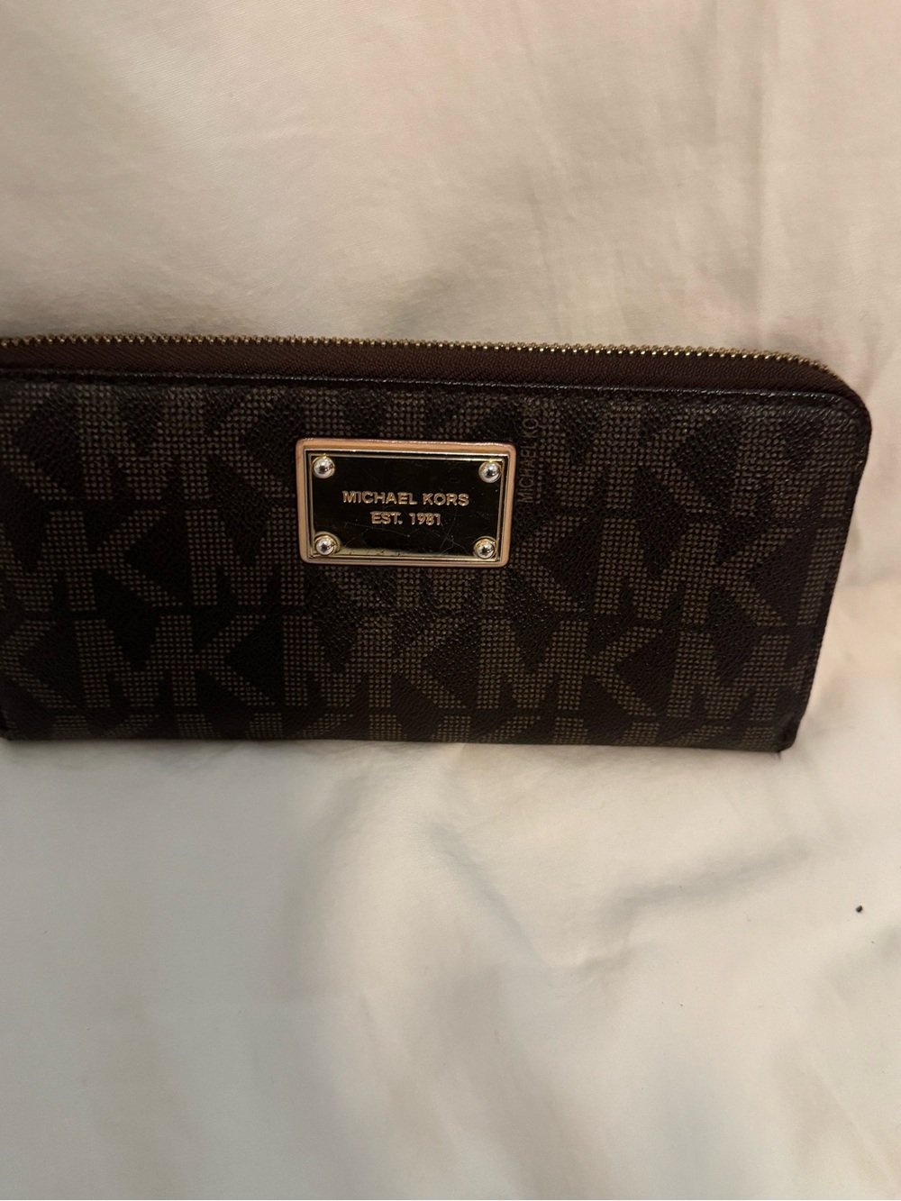 Michael Kors Dark Brown MK Logo Zip Around Wallet with Gold Plaque